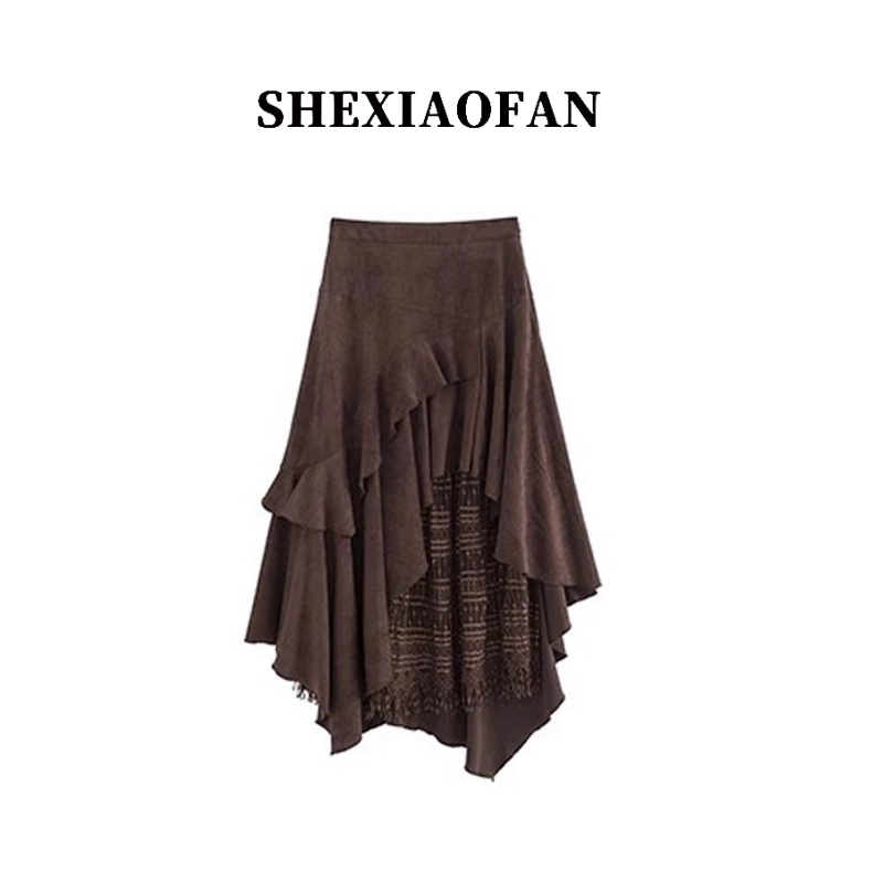 复古蕾丝拼接荷叶边不规则半身裙女秋季设计感A字时髦高腰中长裙