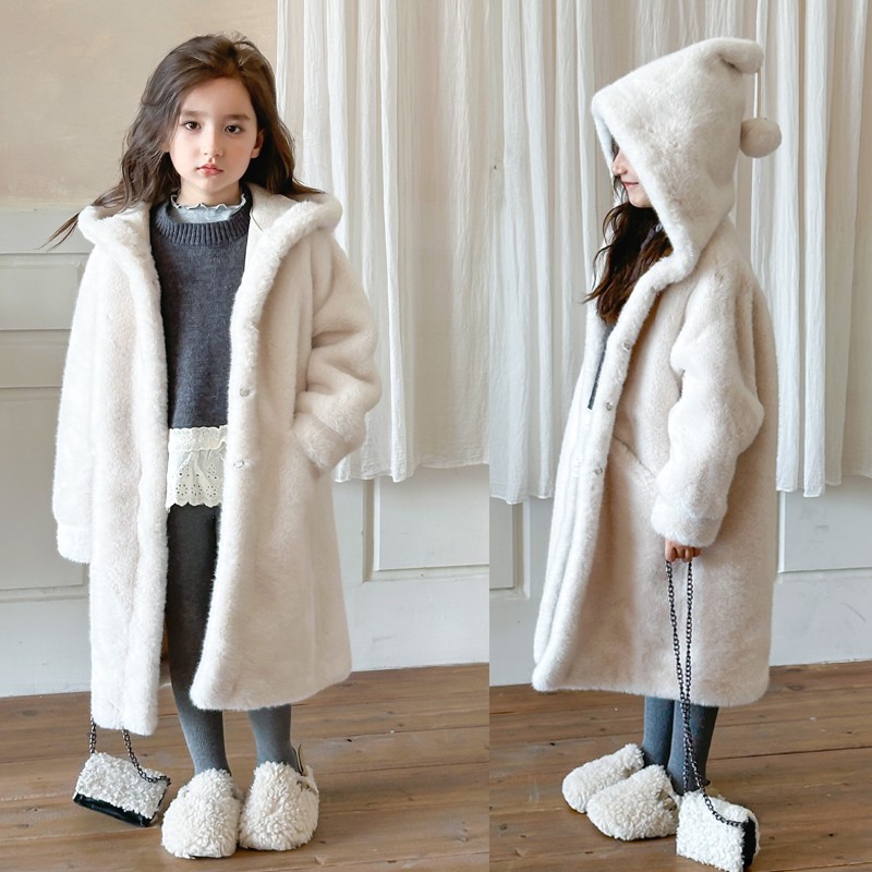 巴拉25冬季新款女童韩版仿水貂毛中长款皮草外套女童秋冬水貂外套