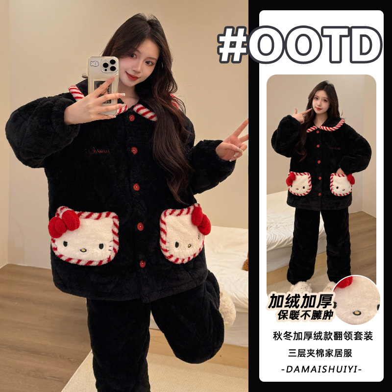 【超厚专柜正版】2025冬季可爱kt猫睡衣女三层夹棉保暖加厚翻领套装
