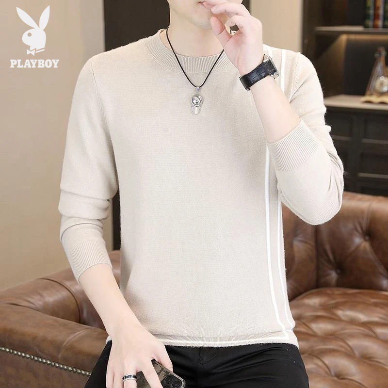 花花公子男士秋季新款男士高档长袖圆领卫衣休闲宽松纯色打底衫
