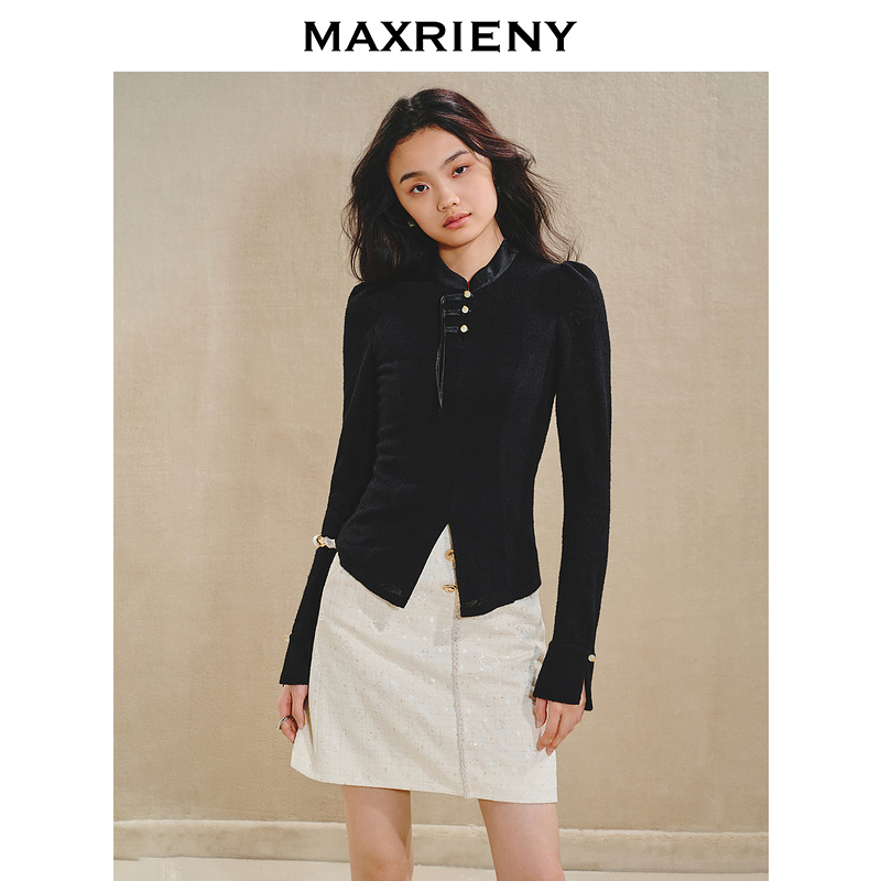 MAXRIENY贵雅新中式蕾丝衬衫收腰2024秋冬新款修身显瘦上衣女