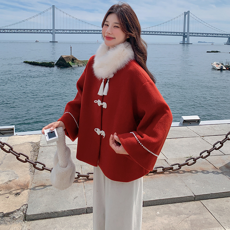 现货2D078P195K298夹棉风呢料围脖毛领红色呢大衣