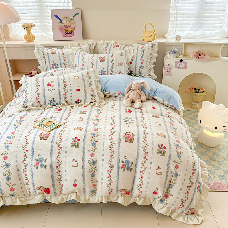 新款A类韩版牛奶绒床单四件套家用保暖床品套件荷叶花边好看舒服