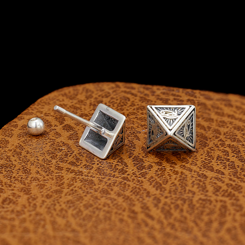 925银耳饰 复古做旧金字塔耳钉男全视之眼小众个性小众耳圈耳环