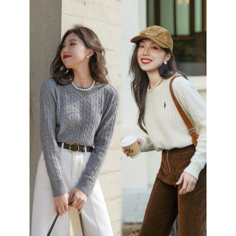 羊毛衫女100%纯羊毛外出新款毛衣内搭可外穿洋气老钱风圆领女上衣