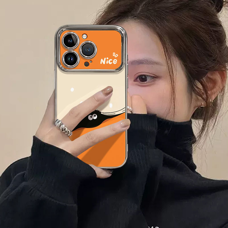 趴趴煤球橙适用于17苹果16新款15个性14男女款13手机壳电镀大视窗