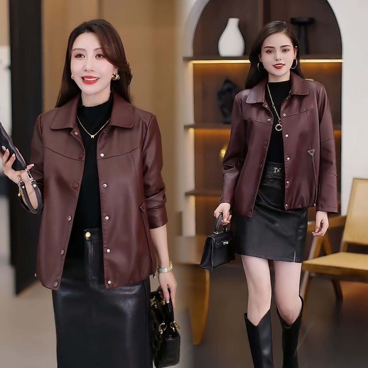 2025春秋新款安可拉红皮衣女士翻领休闲宽松显瘦百搭皮夹克外套潮