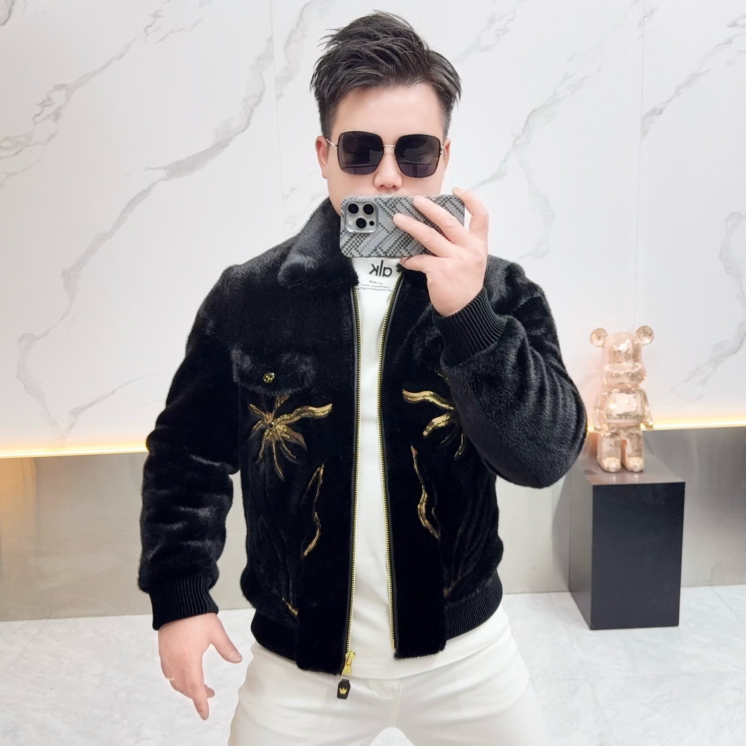 2025冬季新款保暖欧货亮片花卉设计夹克男时尚修身翻领拼接外套