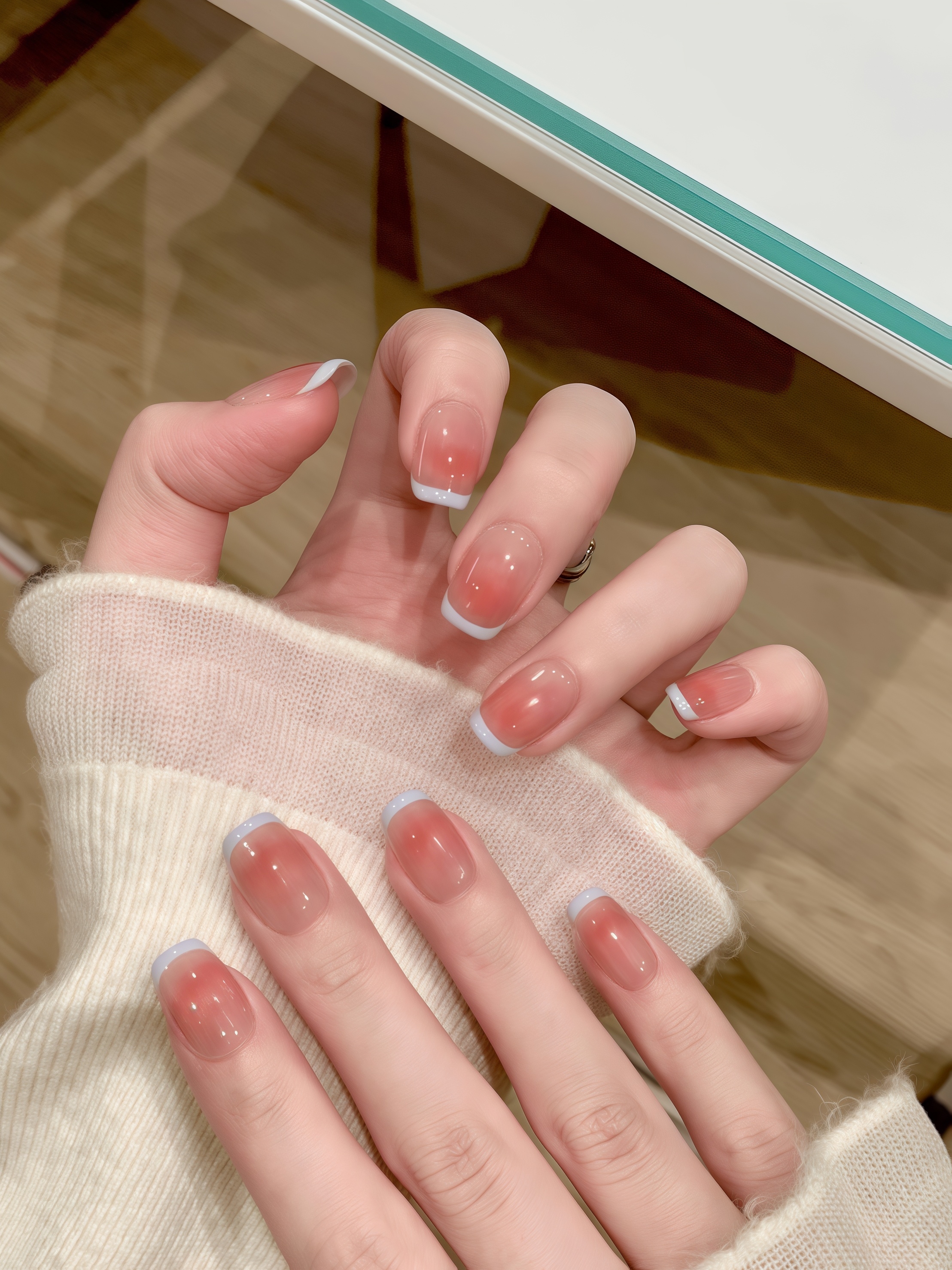 【奶蓝法式】海棠清新纯欲法式腮红气质轻奢高级显白高级穿戴甲甲片