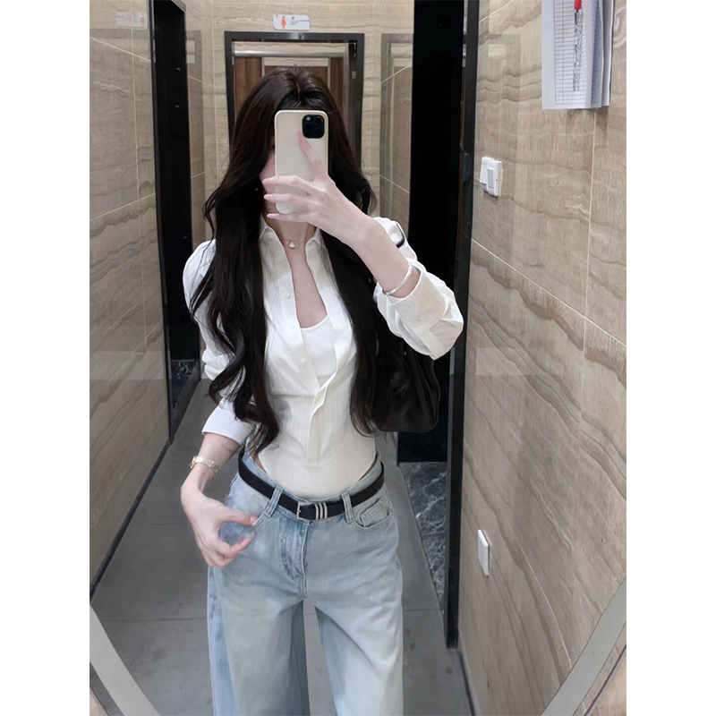 MARIE.COCO设计感白色假两件连体衬衫女秋季新款收腰显瘦小衫上衣