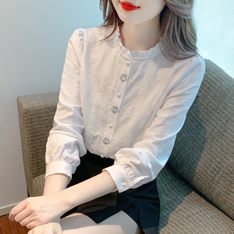 2025春装新款木耳边立领纯棉衬衫女长袖内搭打底衫高级感刺绣上衣
