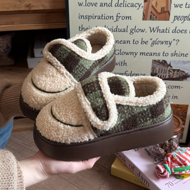 格子魔术贴包跟棉鞋女生冬季外穿厚底防滑保暖舒适加绒加厚棉拖鞋