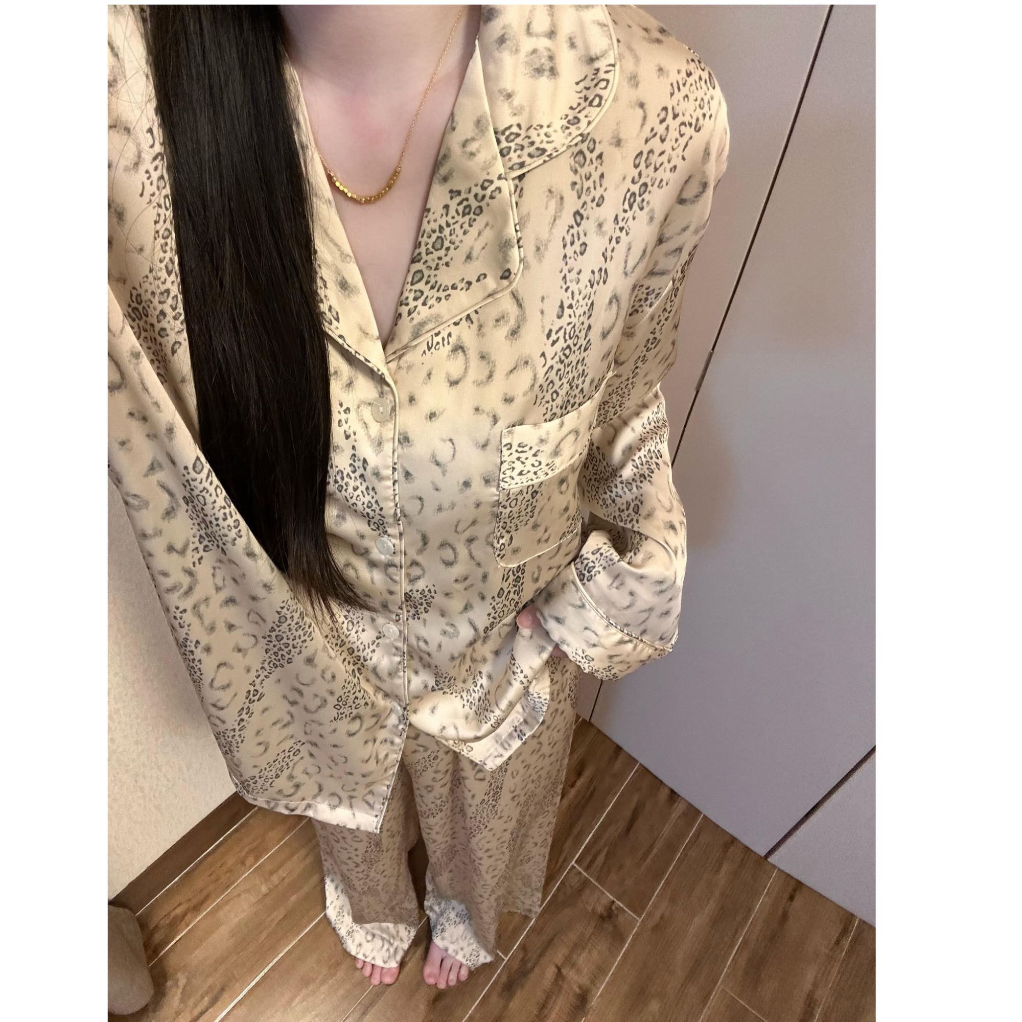 香槟金豹纹印花宽松睡衣女早秋新款慵懒长袖长裤家居服套装可外穿