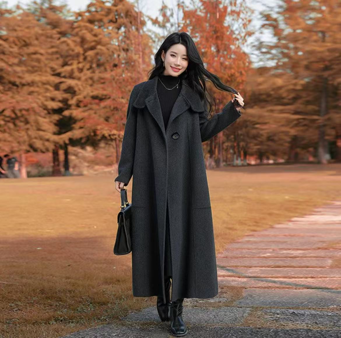 女秋冬长款毛呢外套静奢系带大衣加厚显瘦甜辣千金风（非图片）