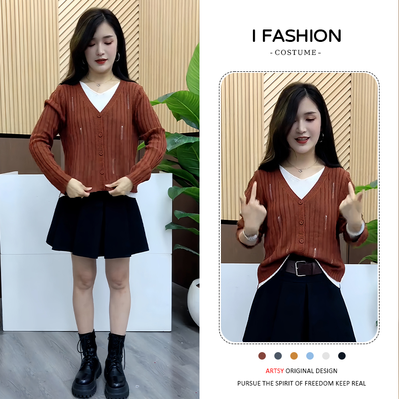 慵懒风休闲简约v领针织衫女2025春秋新款洋气百搭显瘦假两件上衣