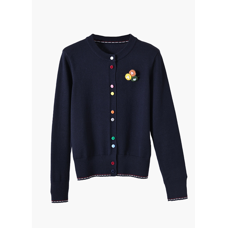 千韵伊然 设计感彩色扣子圆领长袖针织衫女小个子上衣1619