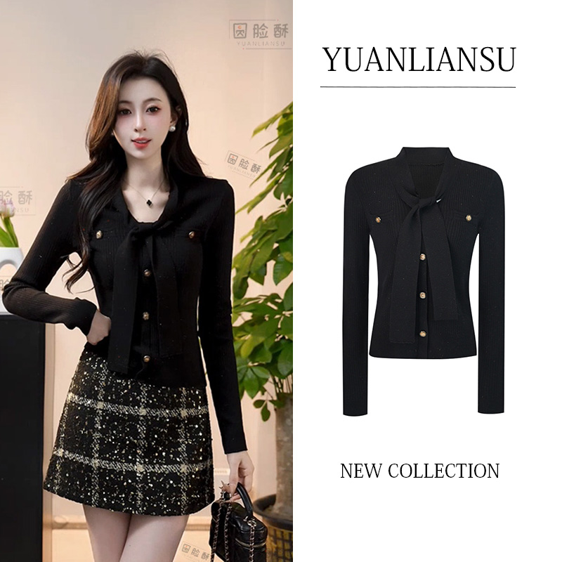 YUANLIANSU/圆脸酥【雨夜漫曲】法式小香风黑色复古飘带长袖针织衫