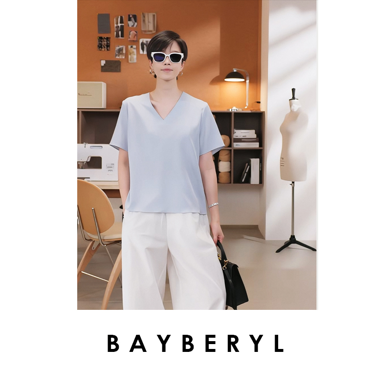 CC10-BAYBERYL老贝优雅新序*V领重绉真S气质秋短袖上衣9NCY5G0823