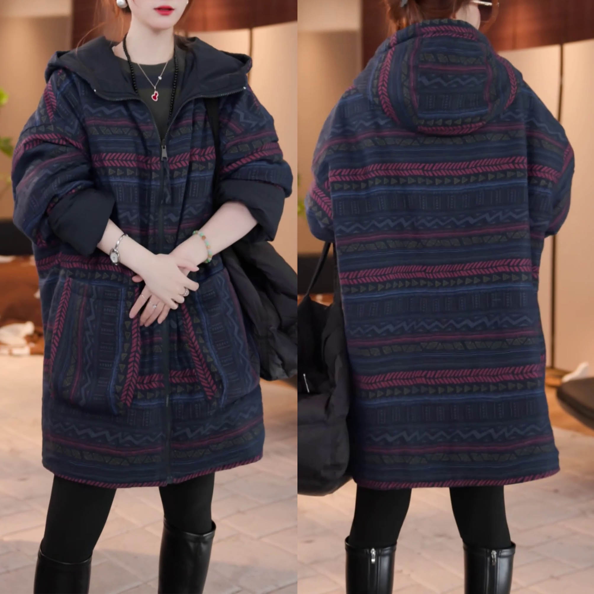 时尚休闲百搭连帽棉服外套2026冬季新款气质高档中长款双面穿棉衣