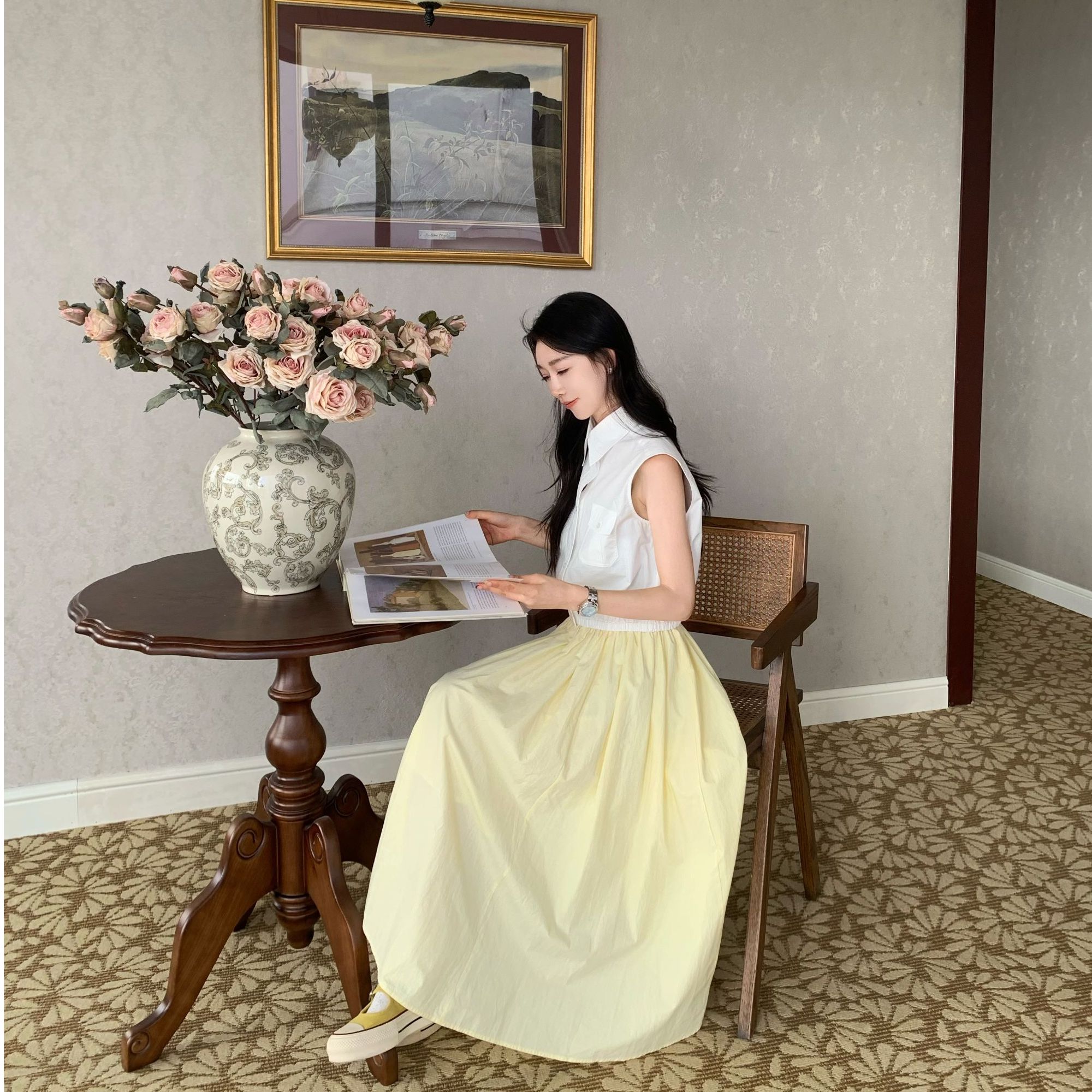 OUDOCKEE 鸥鸥 【100棉】小黄裙 高腰伞裙褶皱半身裙 B2503E526T