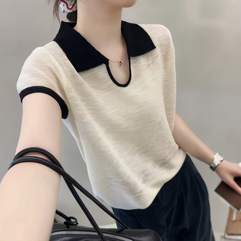 别致翻领撞色小众设计感薄款针织T恤女2025夏季气质显瘦正肩上衣