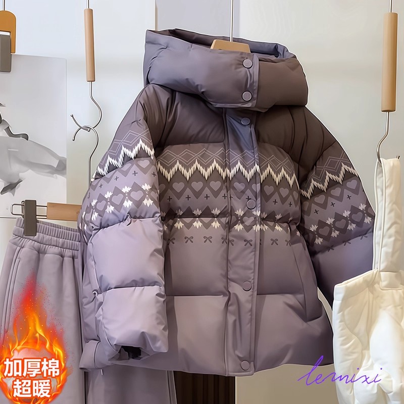 女童连帽费尔岛格子短款加厚棉服2025新款冬装外套棉衣加棉袄