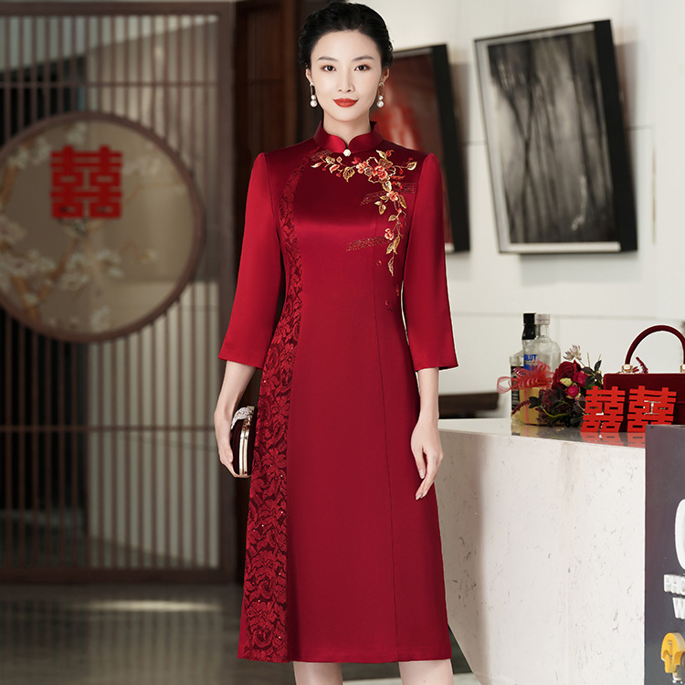 进口三醋酸妈妈婚宴礼服秋冬季喜婆婆旗袍连衣裙嫁女儿减龄婚宴装