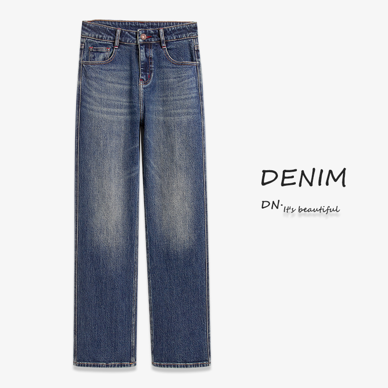 RAIN.CUN【维斯】阔腿复古直筒牛仔裤女秋高腰显瘦窄版休闲长裤1854