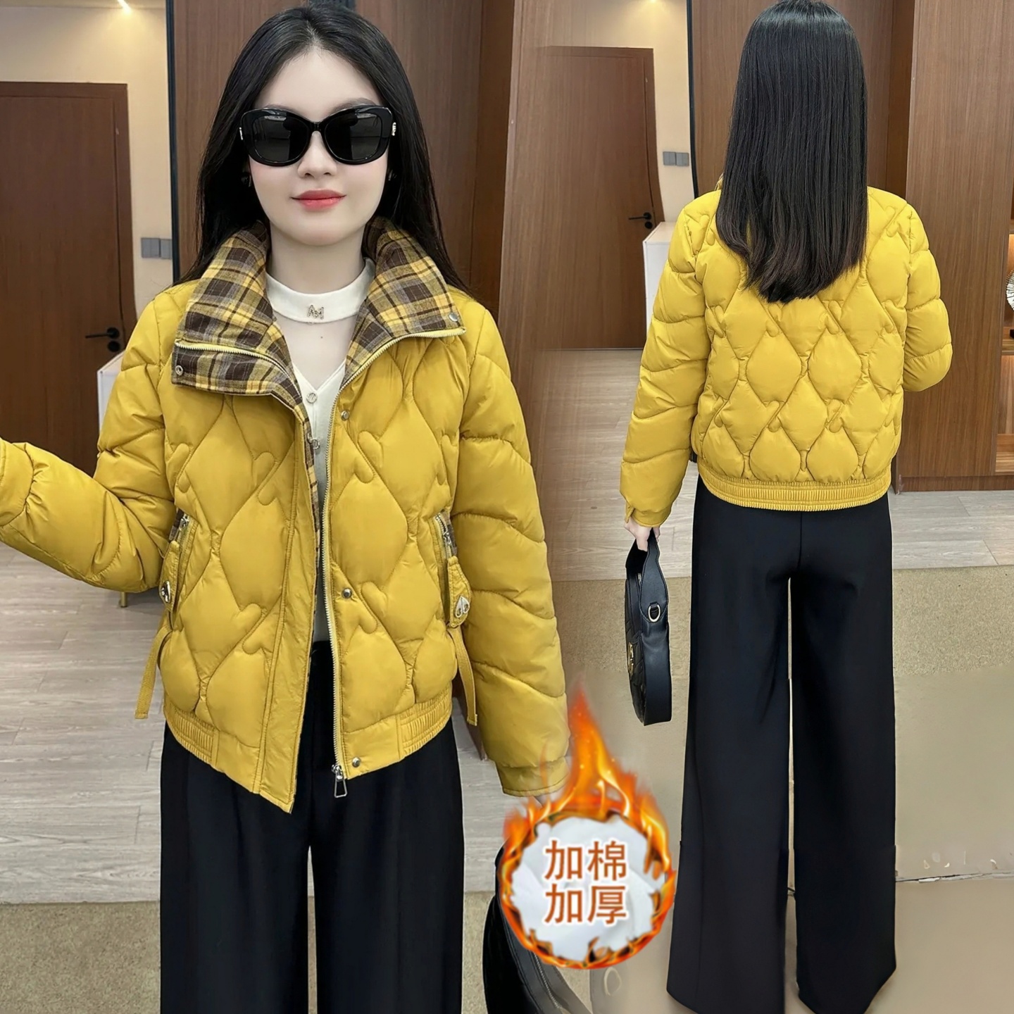 时尚菱格纹棉袄女款2025新款立领格子拼接短款小个子显瘦保暖棉服