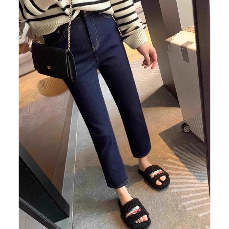 丹宁蓝直筒牛仔裤女2025年夏季高腰深蓝色薄款梨形身材显瘦烟管裤