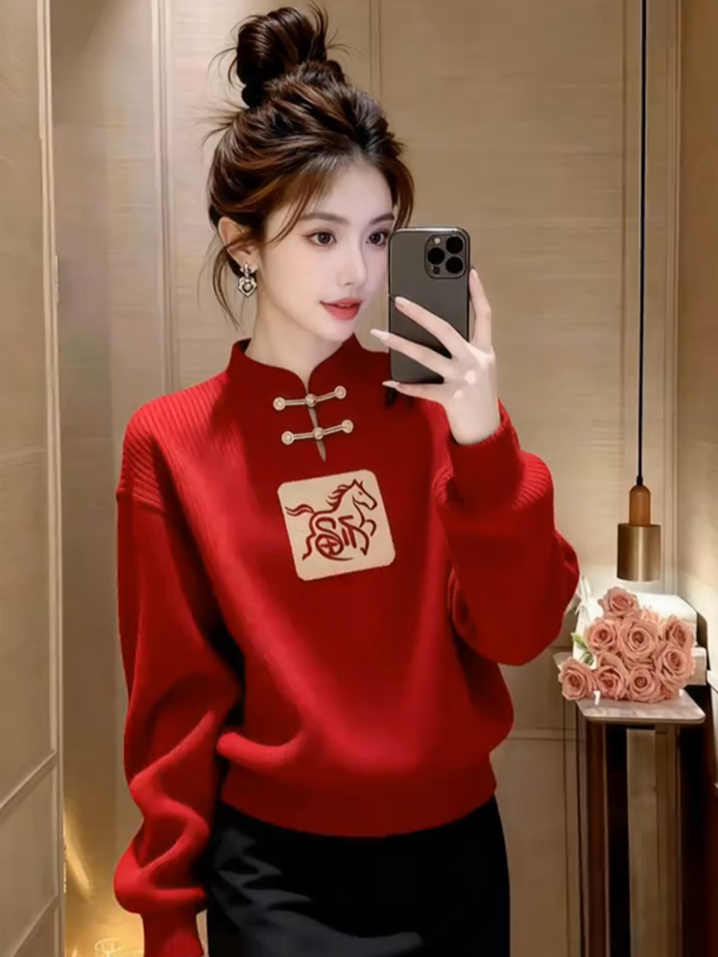 本命年喜庆红色立领新中式短款针织衫2026年春季新款毛衣上衣女装