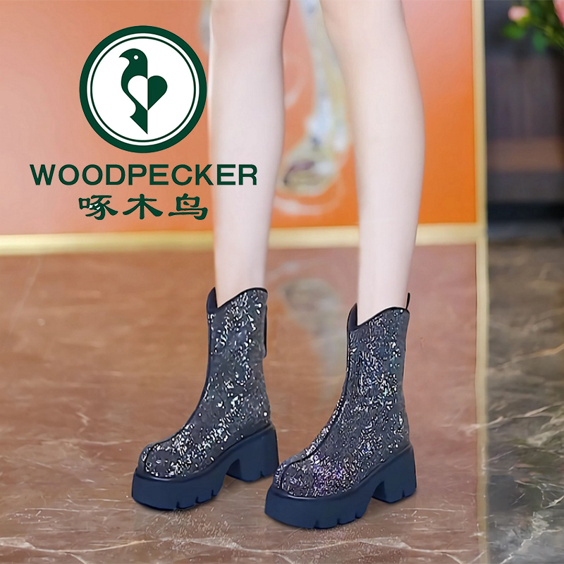 啄木鸟厚底粗跟短靴女马丁靴2025年新款水钻V型口高跟圆头瘦瘦靴
