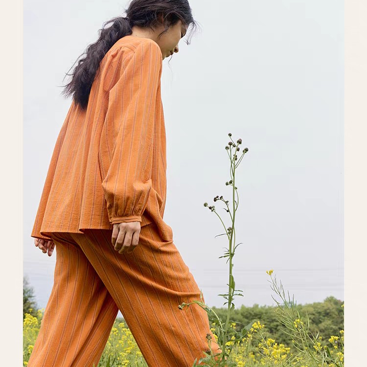 女士秋冬新款纯棉圆领套头橙条简约睡衣家居服
