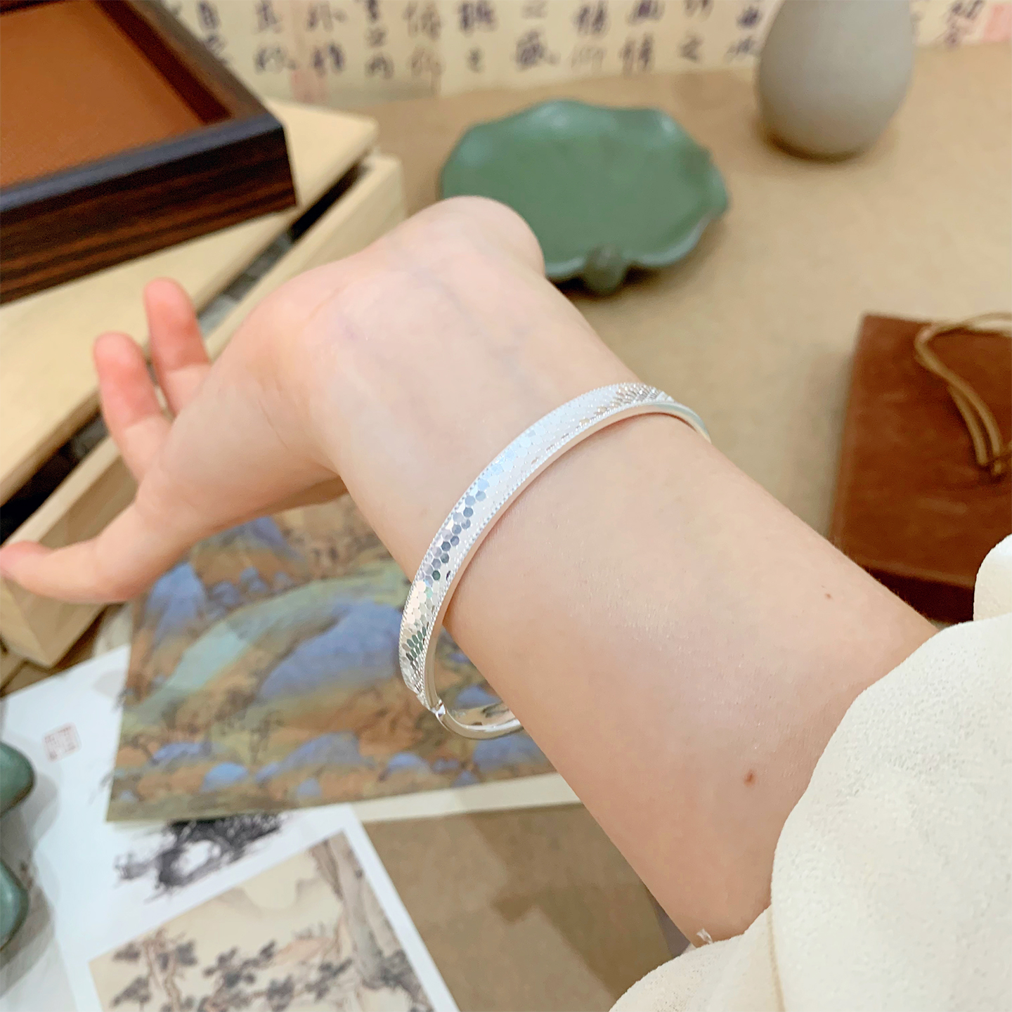 足银手镯 月鲤YUELI银饰“星环”碎冰冰 足银999.9 实心手镯亮面