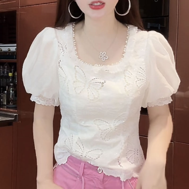 2025夏季新款气质纯色U型领短袖T恤女士时尚百搭衬衫减龄显瘦上衣