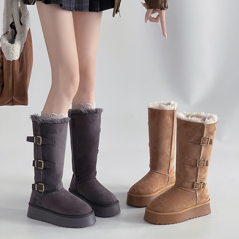 OJRZ厚底棕色雪地靴女2025冬季新款长筒加绒加厚保暖高筒时装靴女