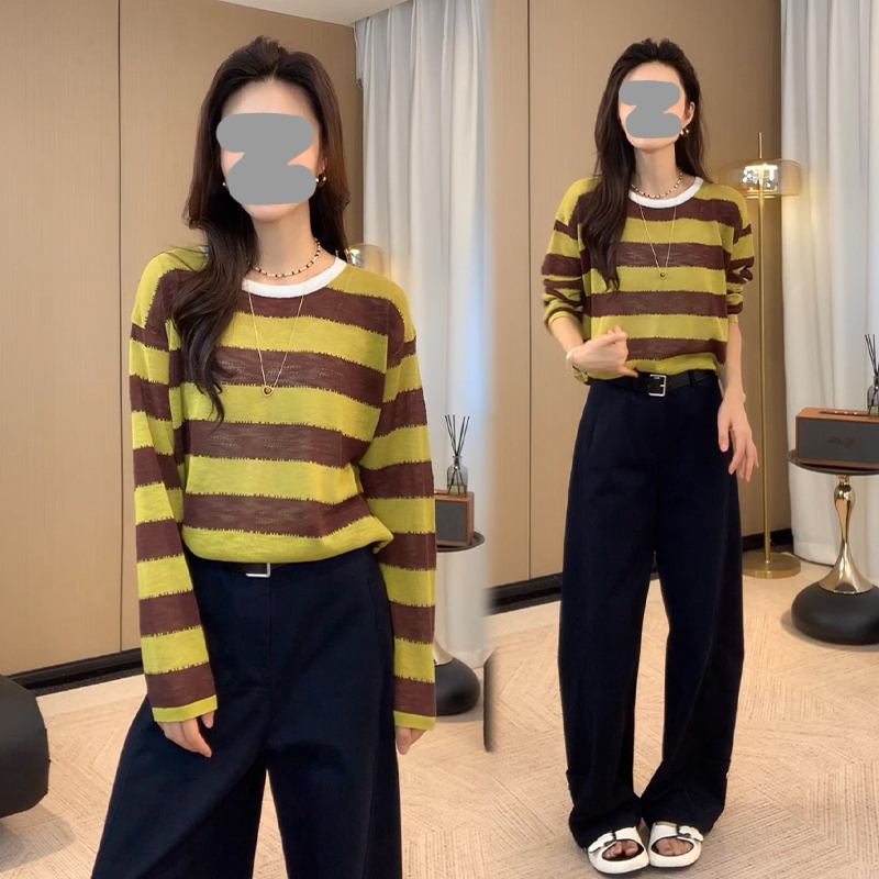 今年流行时尚套装女2025春秋新款条纹针织长袖t恤休闲裤两件套