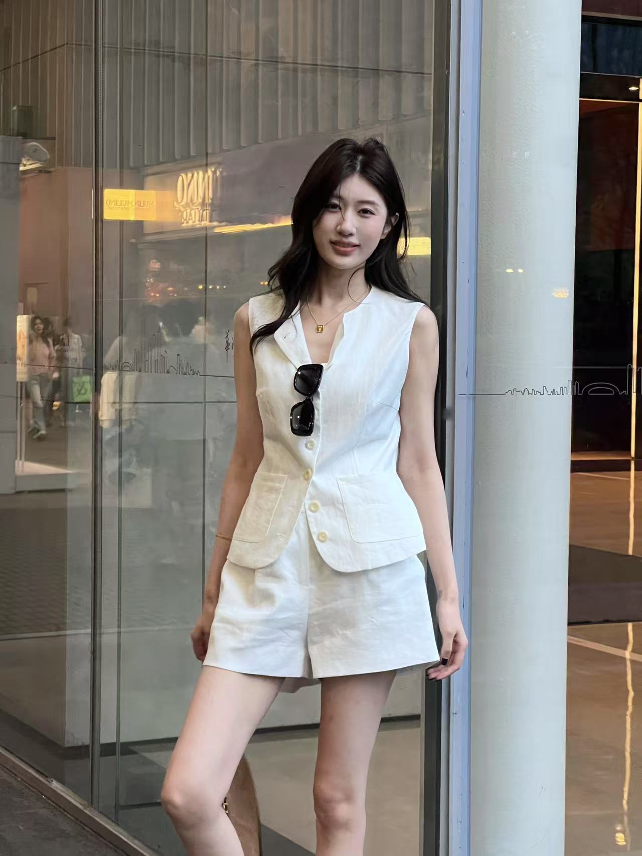 【孙钰颍】白色马甲100%亚麻时尚套装收腰修身女装气质风夏季老钱风