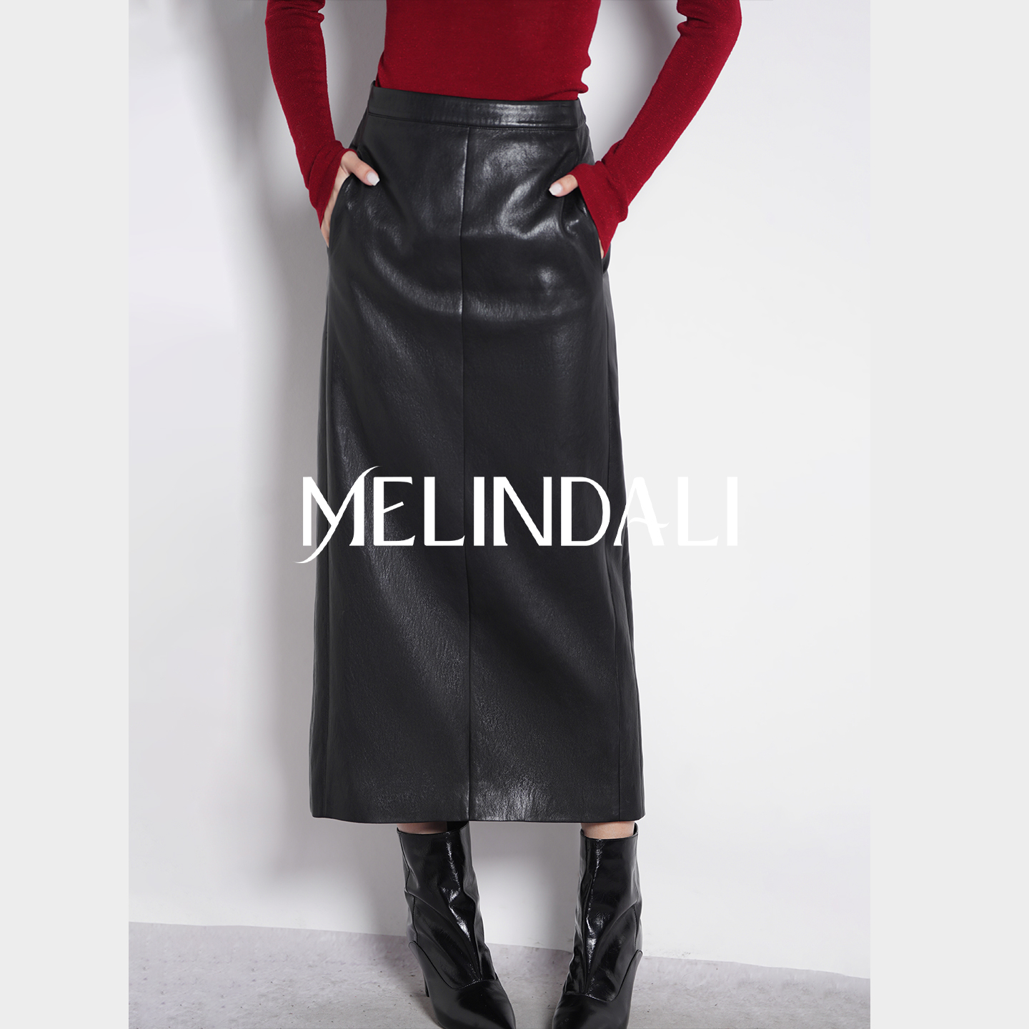 Melinda Li【奶油皮裙】复古老钱风环保蛋白皮修身直筒开叉长款半裙