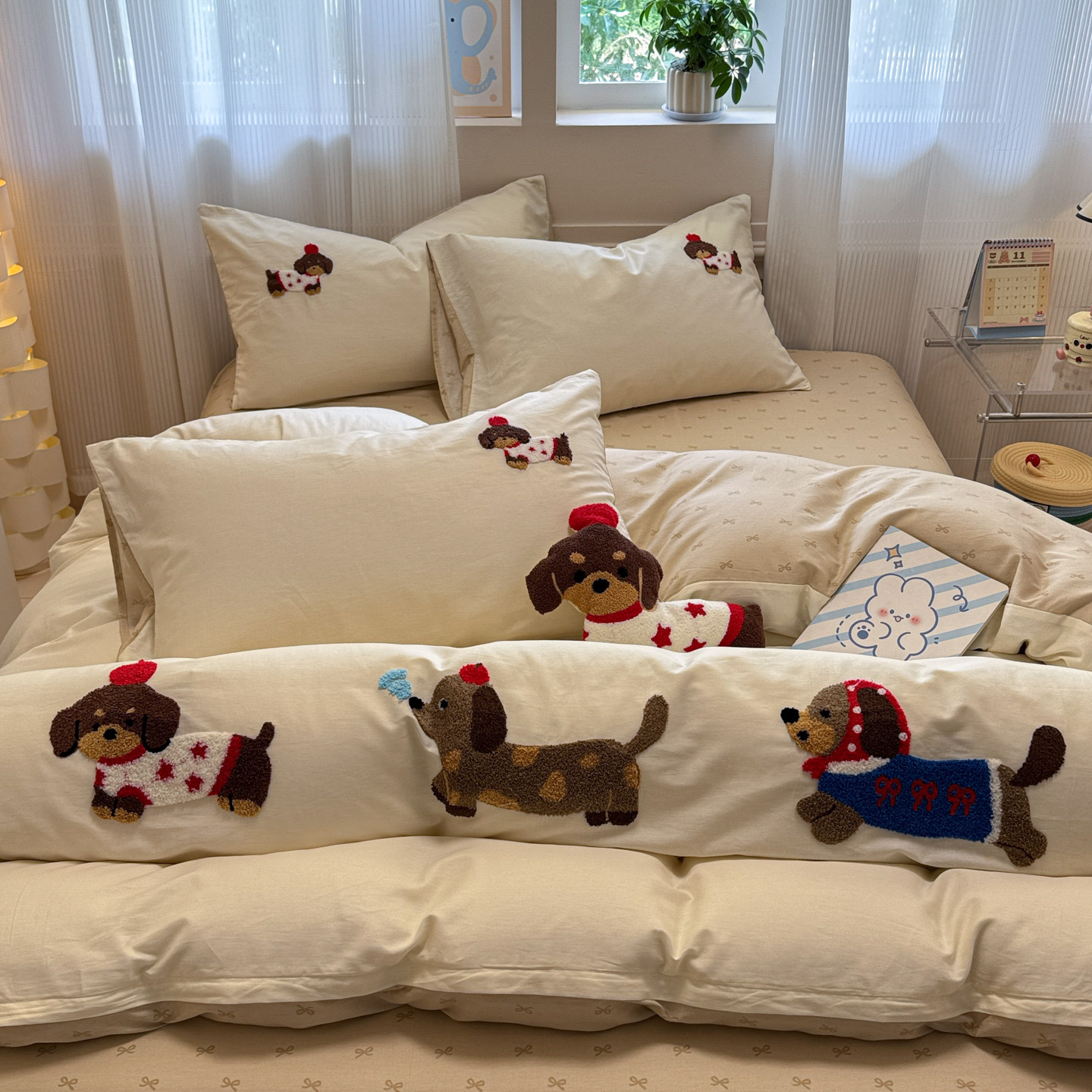 卡通腊肠修狗毛巾绣家用床上四件套纯棉100%全棉被套床单四季通用