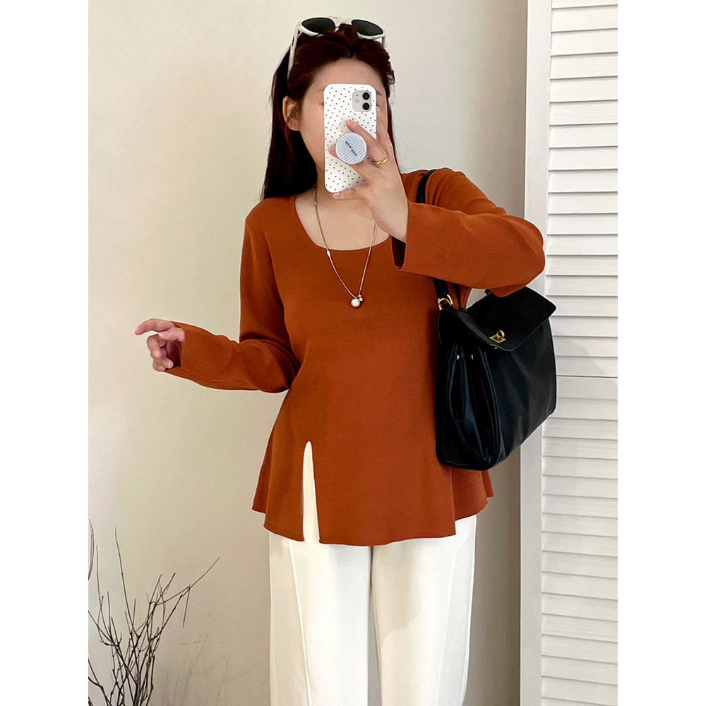 【鱼白】大码方领休闲开叉上衣2025秋胖mm宽松百搭长袖针织衫23160