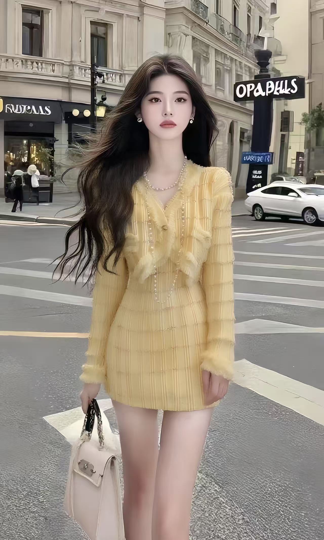 夏季新款时尚黄色V领长袖设计感短款上衣+黄色百搭高腰半身裙套装