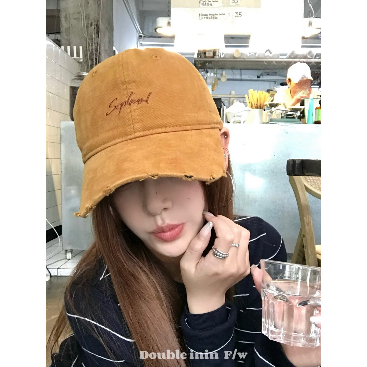 Double inin 韩系百搭字母刺绣棒球帽女磨破百搭软顶鸭舌帽