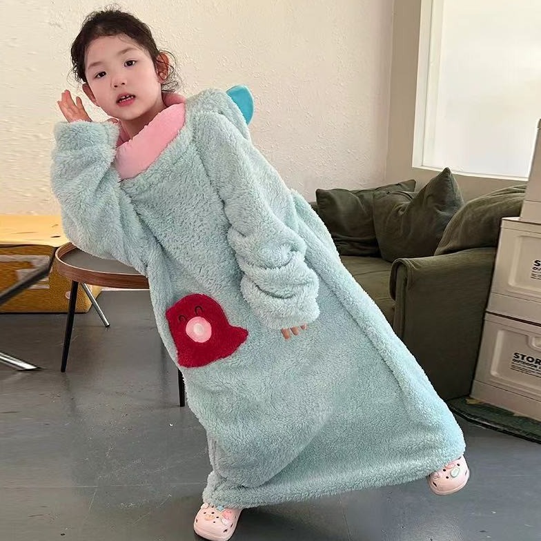 丑鱼儿童可爱搞怪连体睡衣冬季加绒加厚保暖珊瑚睡袍亲子家居服