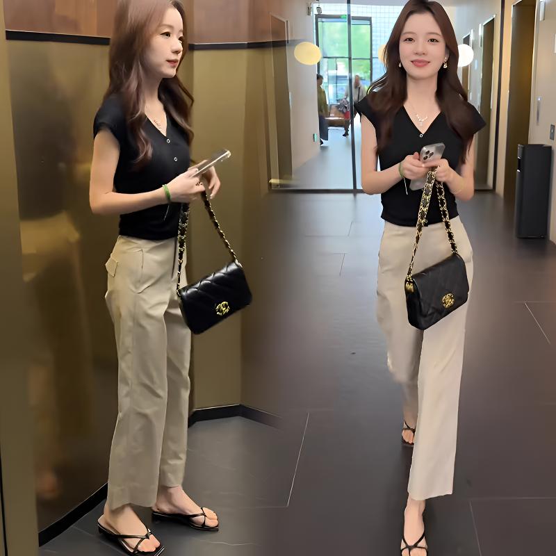 时尚套装女夏季新款高级感名媛小香风黑色上衣休闲九分裤两件套