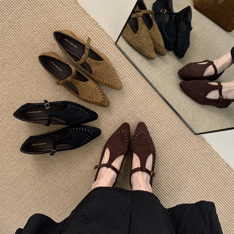 复古尖头玛丽珍鞋女2025秋季新款百搭软底绒面低跟尖头单鞋懒人鞋