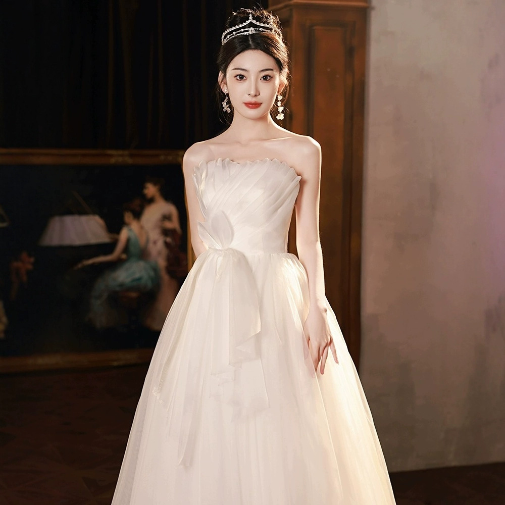 S法式抹胸晚礼服裙女2025新款轻婚纱在逃公主简约旅拍轻奢小众高
