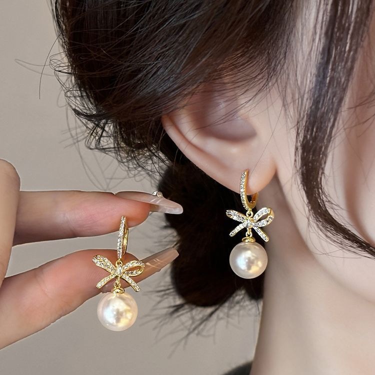 合金耳饰 轻奢闪钻蝴蝶结珠珠耳环女复古小众气质高级感耳坠百搭