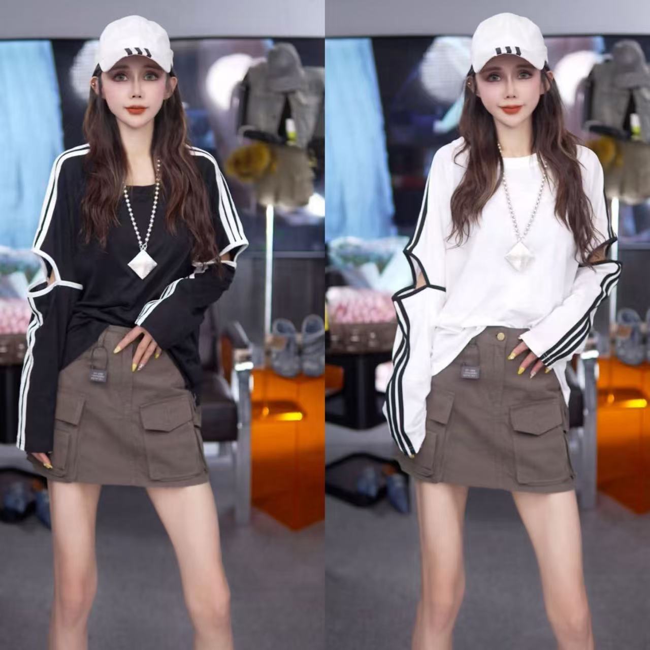 星宝定制设计感拼接三条杠T恤女秋冬新款宽松防晒薄款套头上衣潮