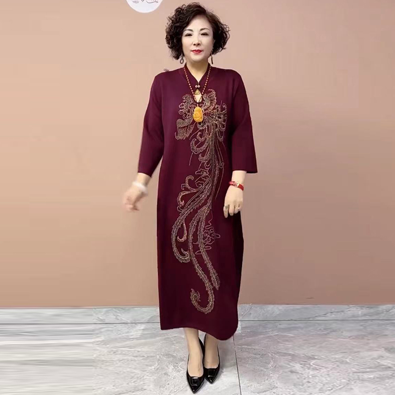 优雅改良旗袍裙针织连衣裙妈妈秋冬新款水滴领酒红色气质美裙打底